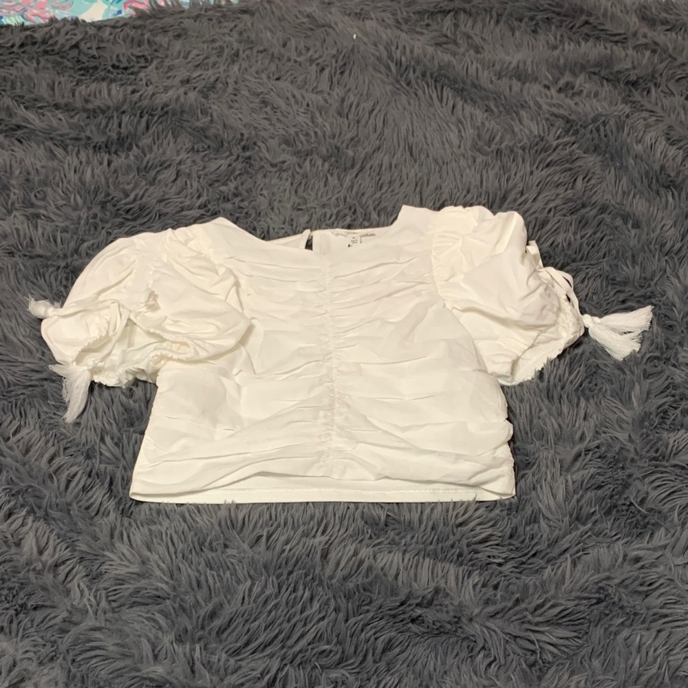 Girls Elegant White Puff Sleeve Top with tassels on sleeves